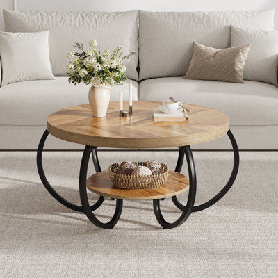 Table basse ronde de 30 po, table d'appoint à 2 niveaux avec pieds réglables, tables de salon avec tablette de rangement et grain de bois conçu, assemblage facile