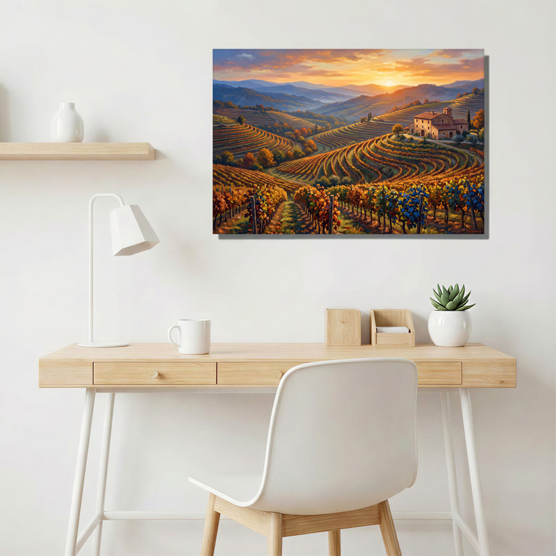 «Sunset Over Rolling Vineyard Hills and Stone Villa», art mural, H 32 po x l 48 po