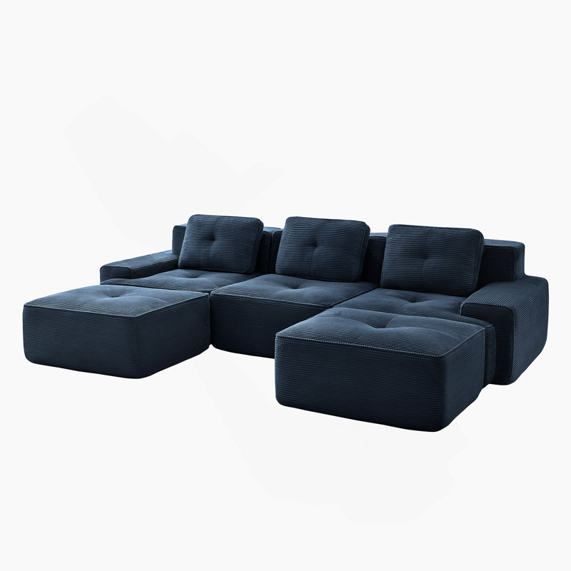 Canapé modulaire en forme de U de 117 pouces, tissu en velours côtelé, siège 3 places profond, siège capitonné mobile, conception sans assemblage, base antidérapante, bleu