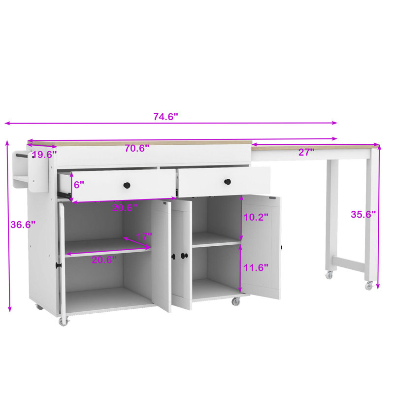 Limbrey Expandable Kitchen Island on Wheels with 2 Drawers and 2 Cabinets, White
