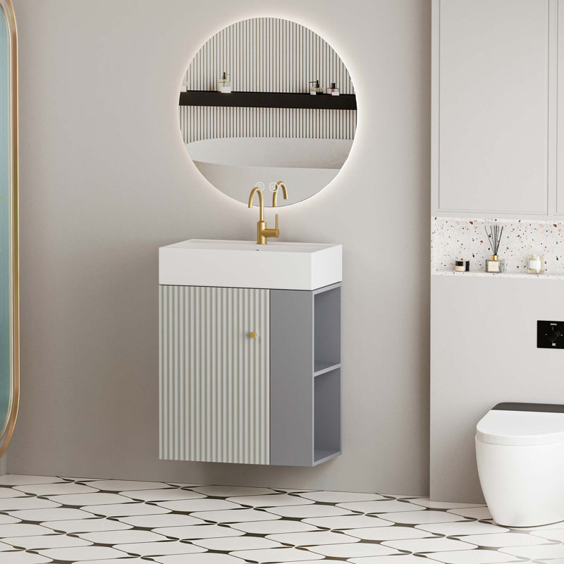 Meuble-lavabo mural avec lavabo en céramique et rangement à fermeture en douceur, Gris