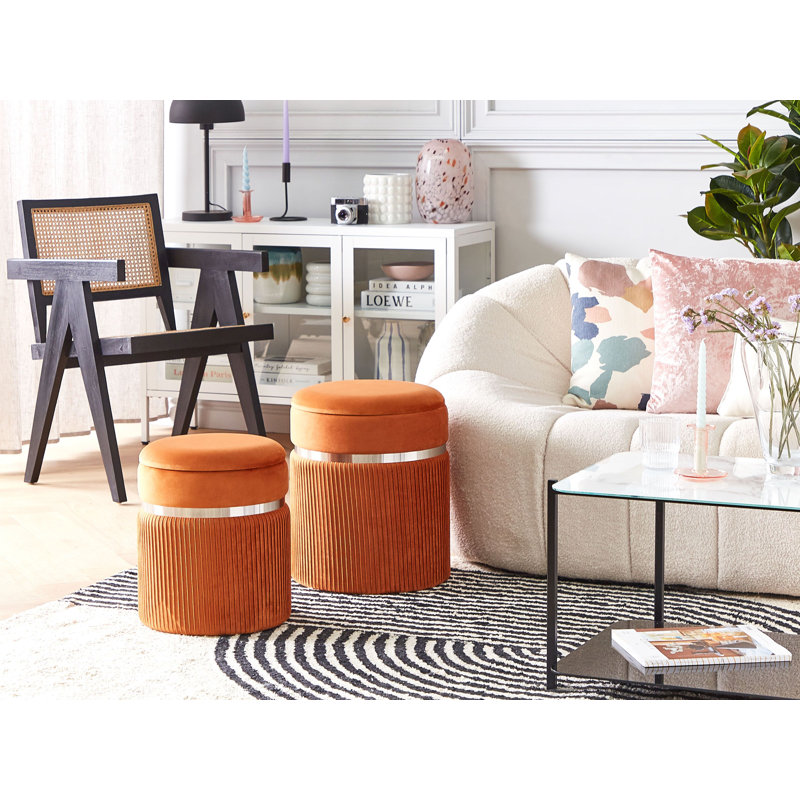 Nedrow Velvet Round Solid Colour Ottoman with Storage, Orange