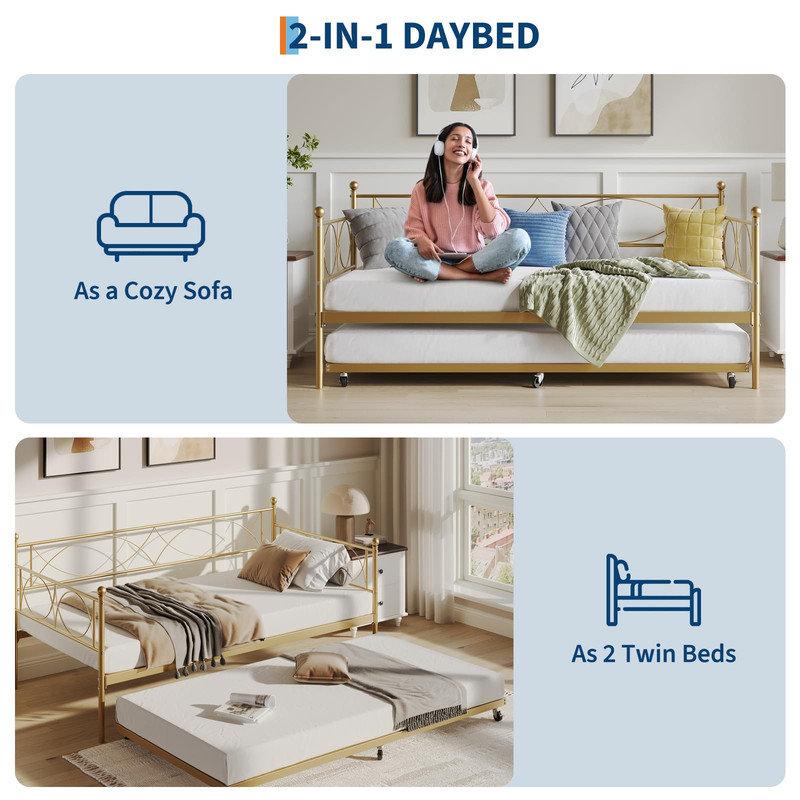 Lit de jour simple en métal avec couchette coulissante | Structure en acier durable avec tête de lit | Canapé-lit peu encombrant pour chambre à coucher ou chambre d'amis, doré