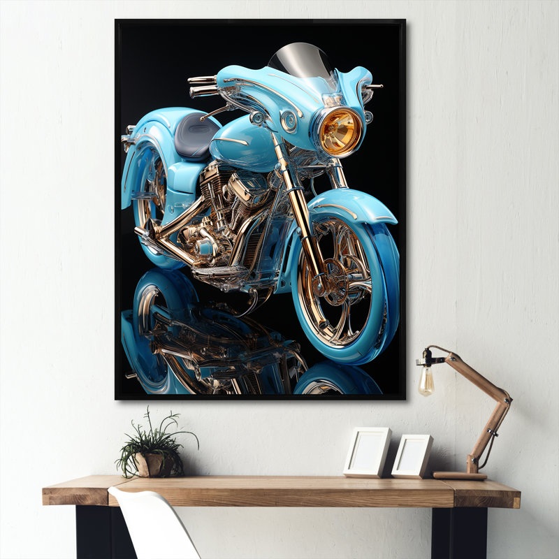 " Electric Blue Ride Scooter I ", 40" H x 30" W, Black Picture Framed
