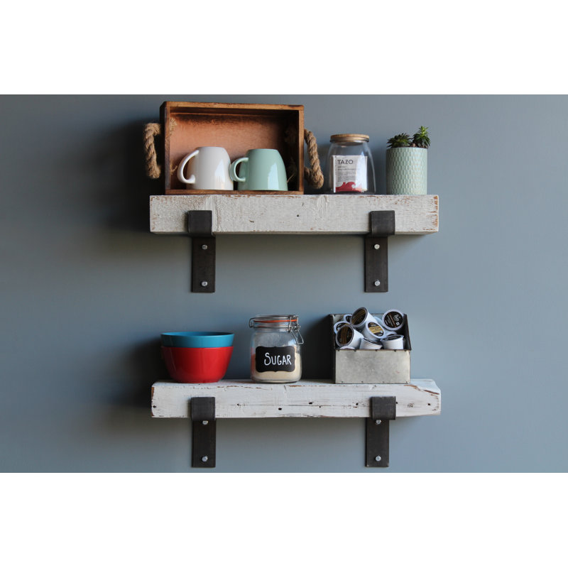 Chumbley 2 Piece Solid Wood Bracket Shelf, 24” W x 7” D x 3” H (top/bottom shelf), White Washed