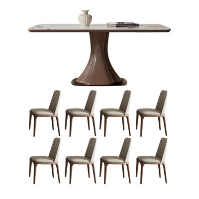 Simple walnut color rectangular dining table set