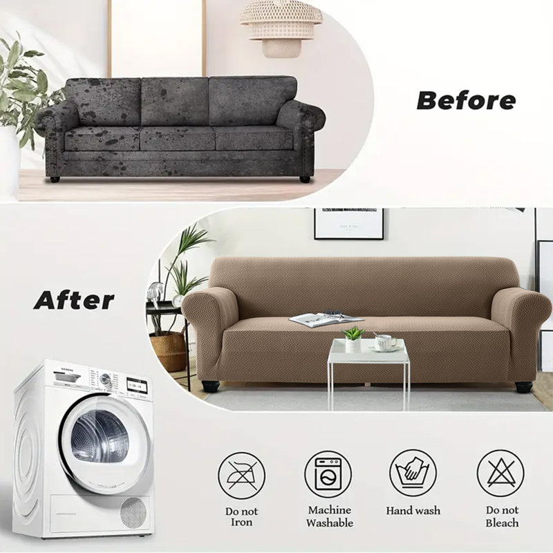 	Luxury Jacquard Pattern Spandex Sofa Cover - Stretch Slipcover for Sofa Protection, Coffee/Sand