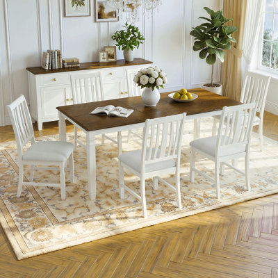 Ensemble de table de salle à manger extensible 7 pièces pour 6 personnes, table de placage en chêne de style campagnard et 6 chaises à dossier en lattes rembourrées, ensemble de salle à manger à structure compacte en bois d'hévéa massif pour un repas en famille, coussin beige