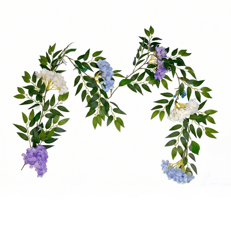 2 guirlandes de fleurs d'hortensia artificielles, 68,90 pouces de vigne florale d'été avec papillon pour décoration murale