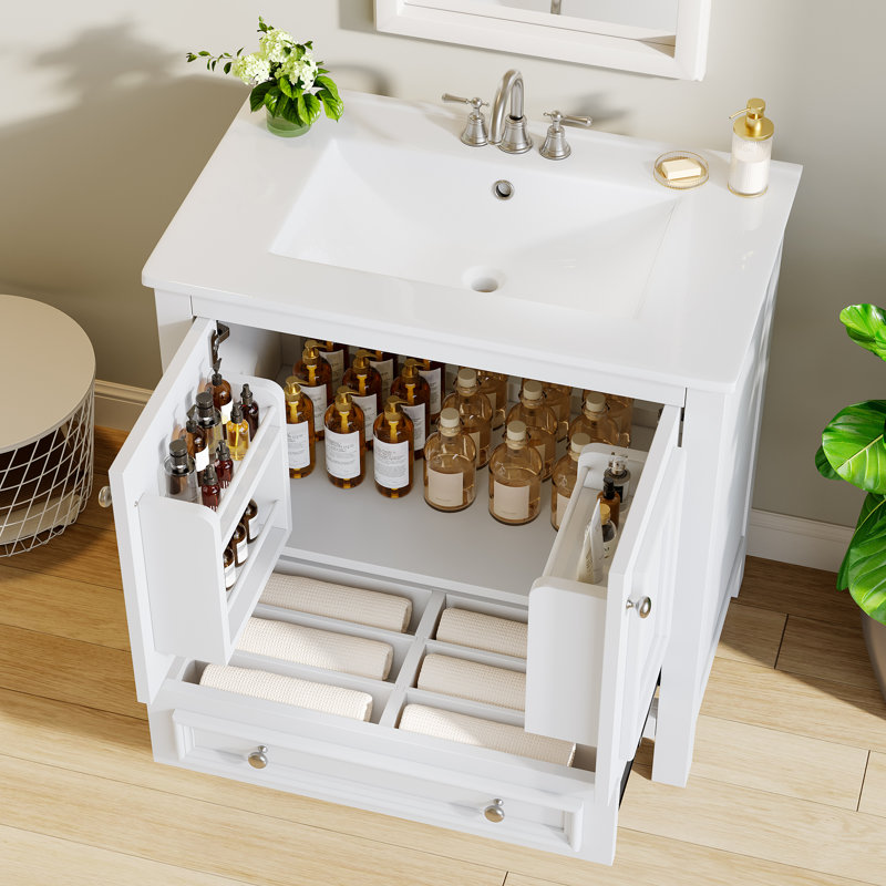 30" Solid Wood Frame Freestanding Bathroom Vanity with Sink, Door Organizer, White, 30"