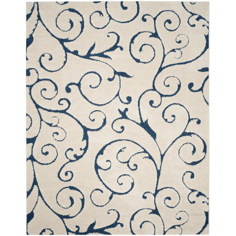 Benedetti Damask Hand Woven Area Rug, Rectangle 99 x 160 cm, Cream/Blue