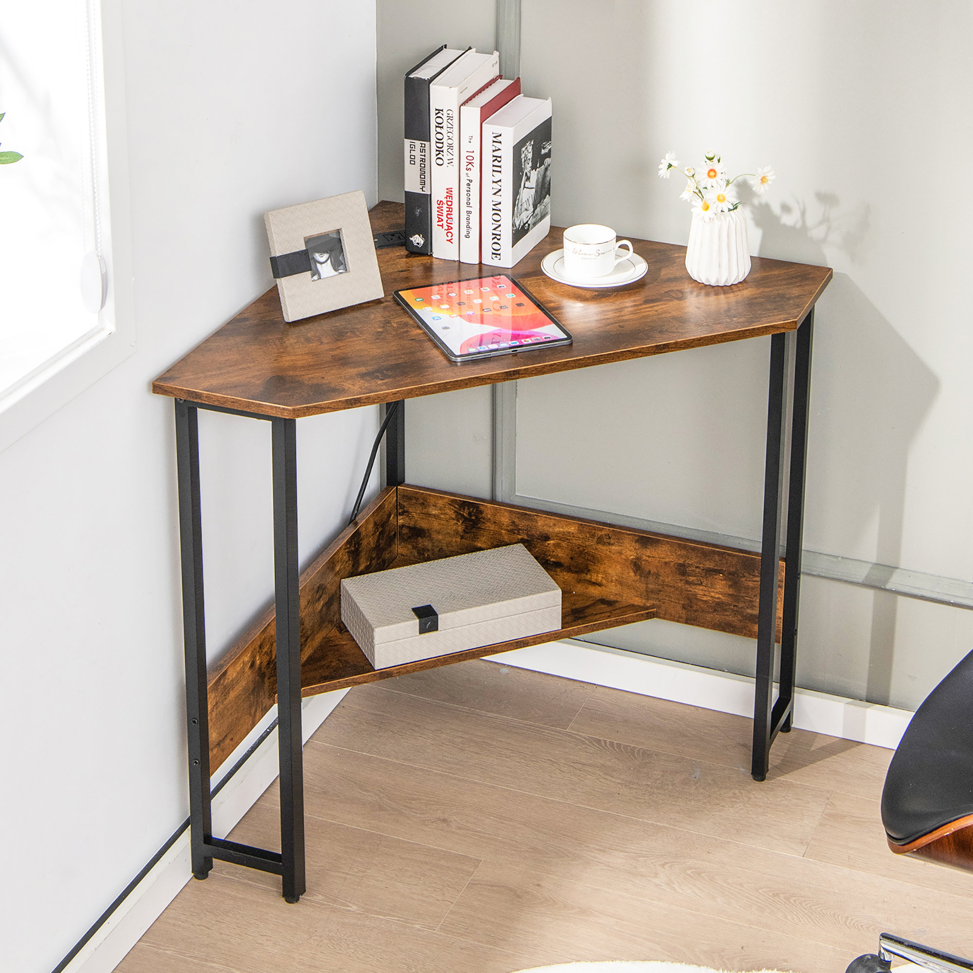 Sarahlouise Computer Desk with Power Outlet & Storage Shelves, PC Desk Workstation for Home Office 17 Stories Color (Top/Frame): Brown/Black, Size: 47