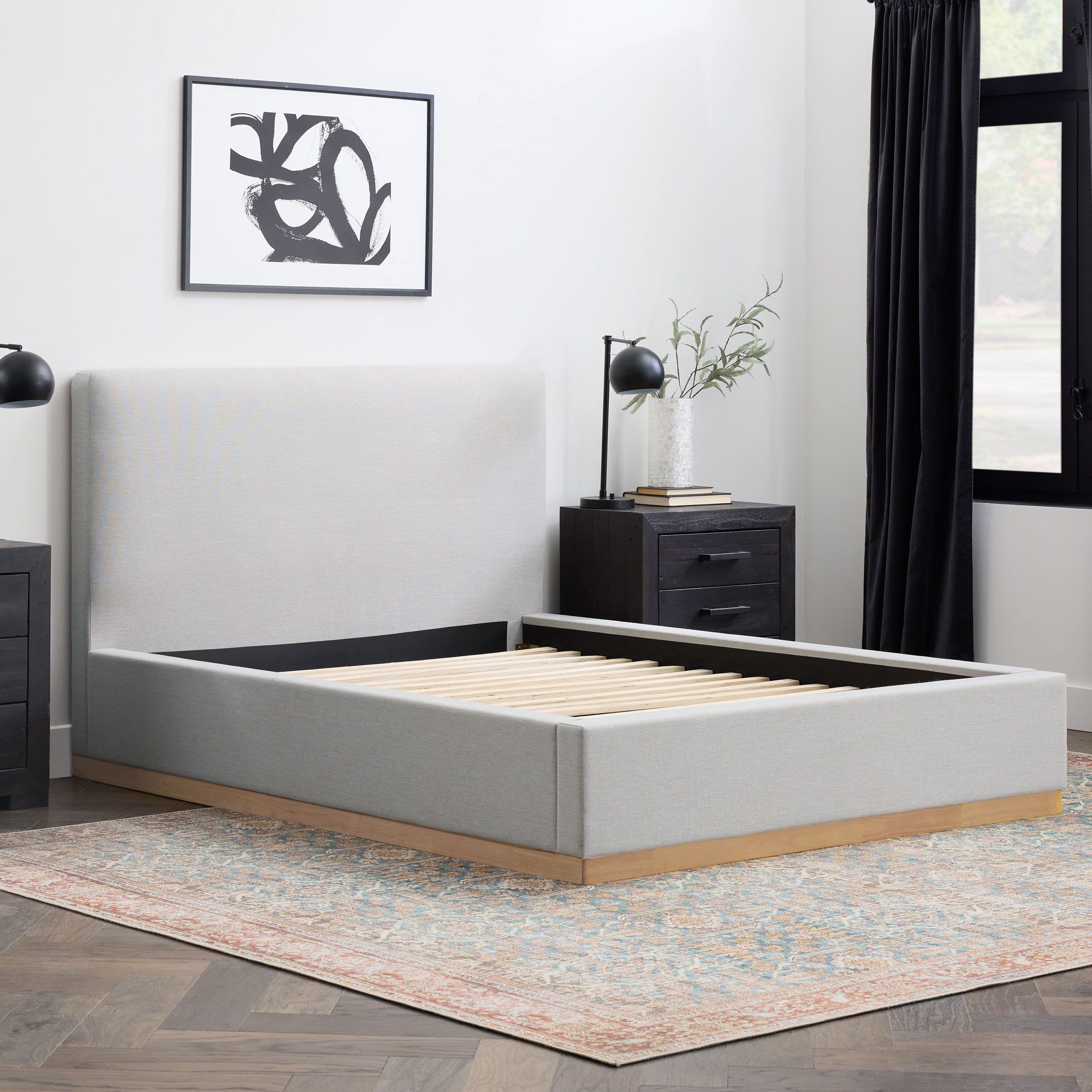Delpha Grounded Upholstered Wood Base Bed, Stone Gray, Queen