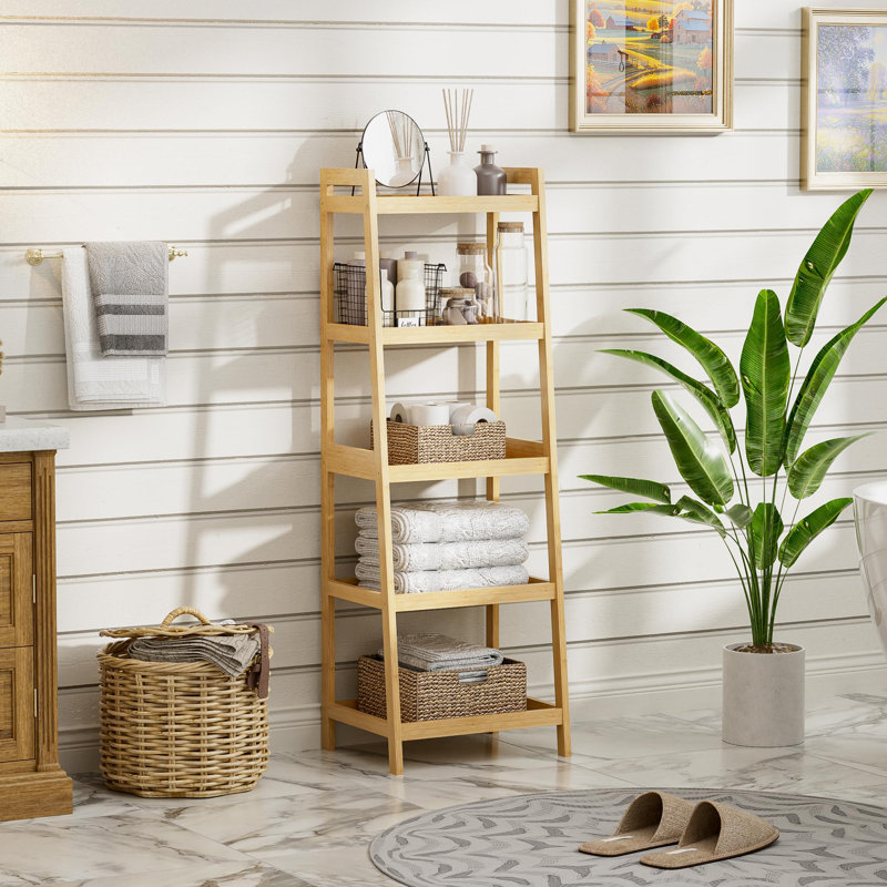 127 cm H x 43.2 cm W Bamboo / Rattan Ladder Bookcase, Beige