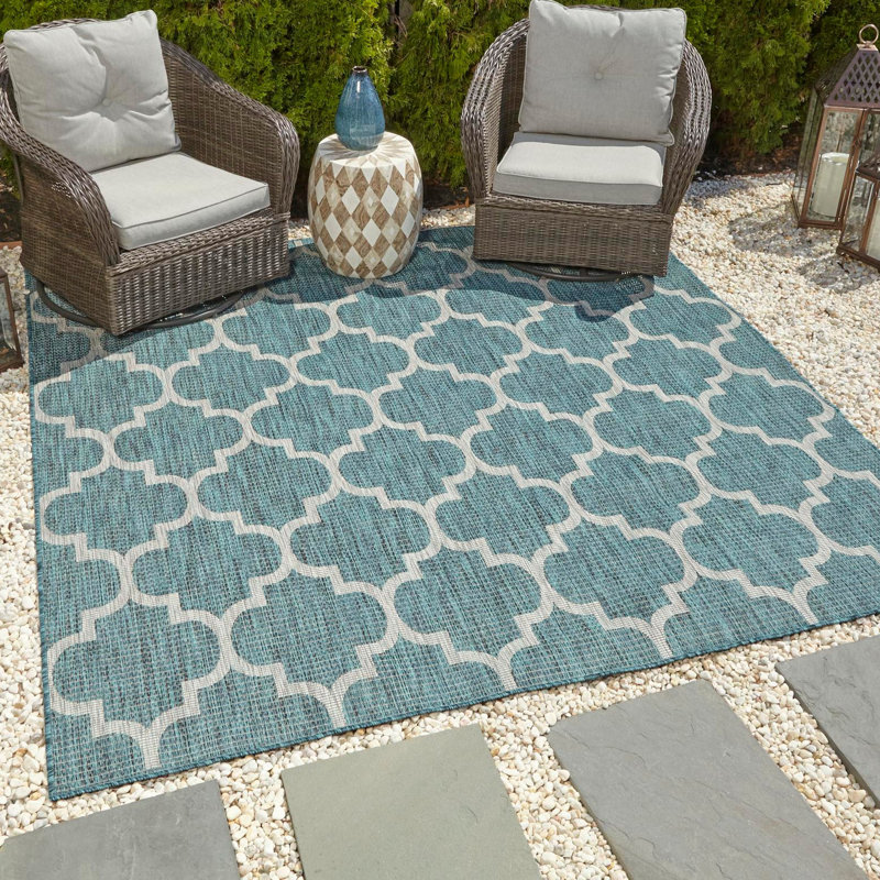 Annetrude Geometric Teal Indoor / Outdoor Area Rug, Square 10'