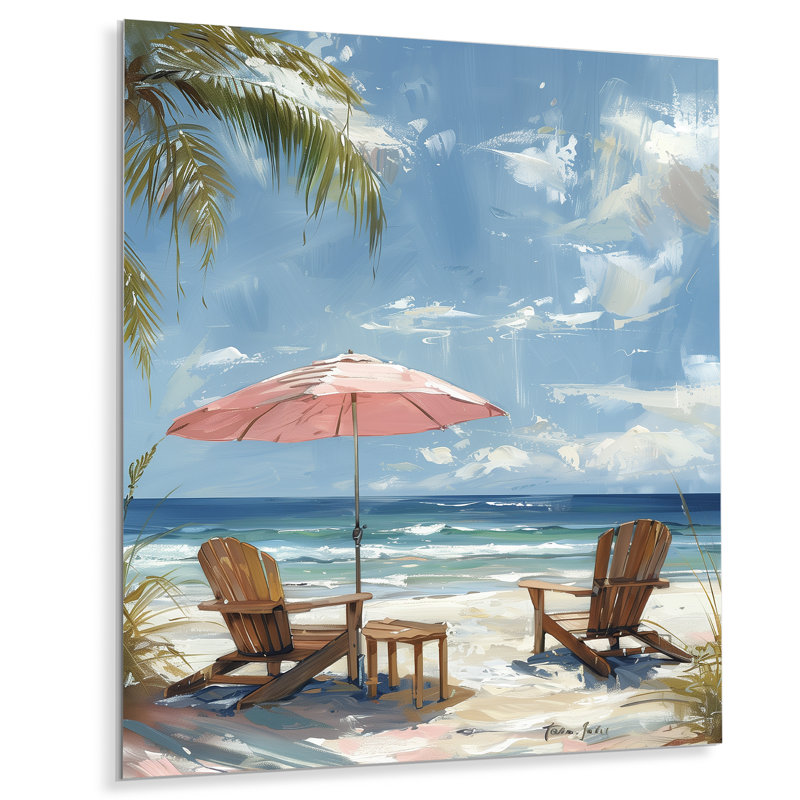 Chaises de plage roses dans un paysage tropical II - Décoration murale plage, Métal métal, H 32 po x l 24 po x P 1 po
