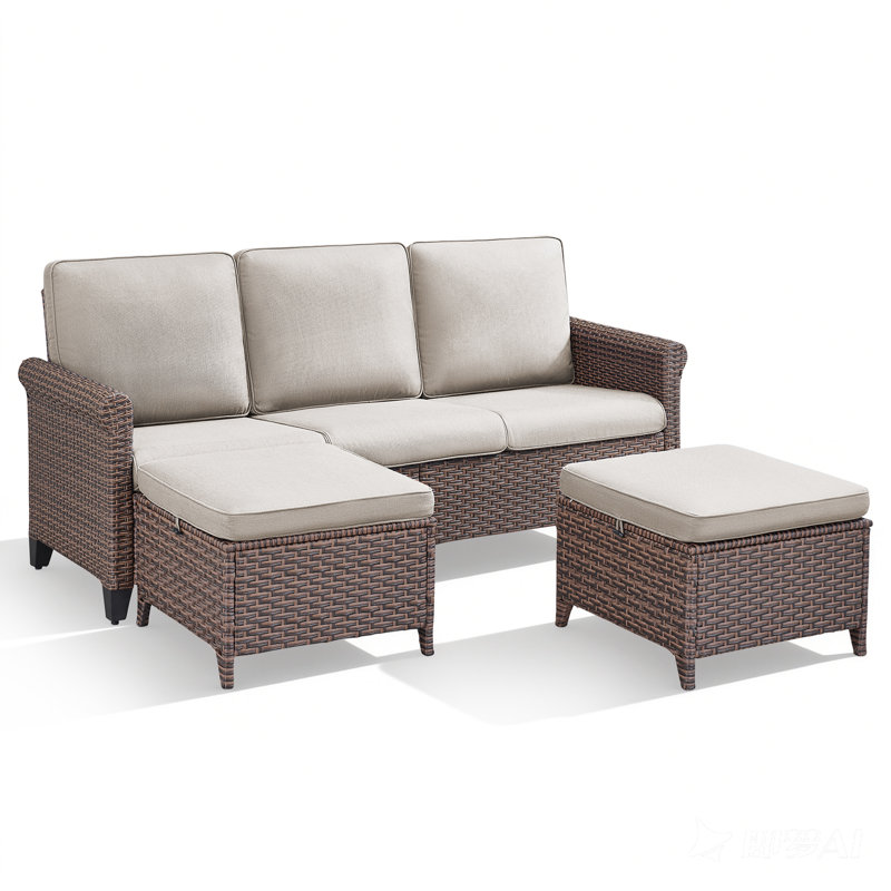 3 Piece Outdoor Garden Wicker Sofa Set with Ottomans, Beige