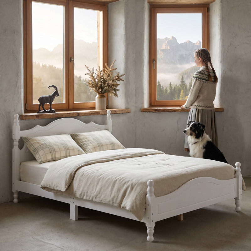 Structure de lit de chalet blanc rustique pleine grandeur, lit plateforme en bois courbé, aucun sommier requis, assemblage rapide