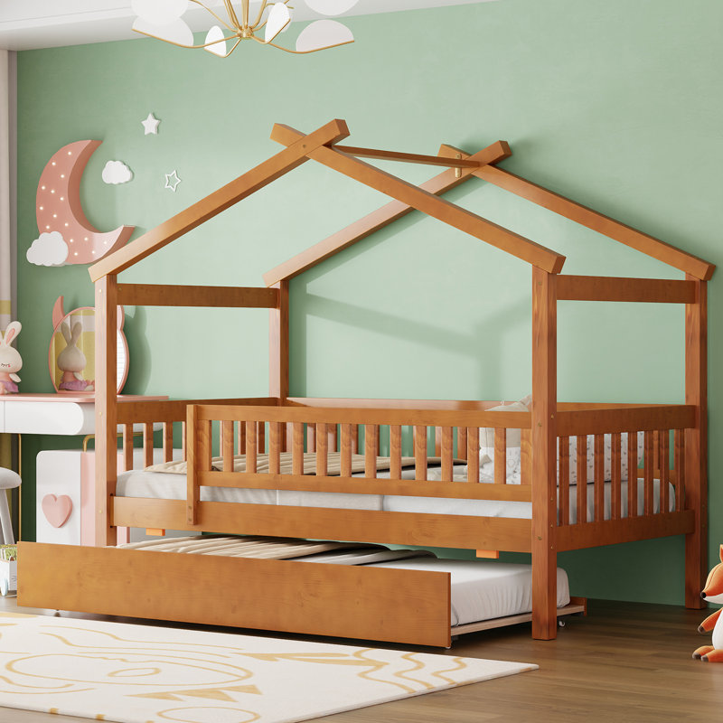 Lit en bois avec lit gigogne simple, Noyer, Lit simple
