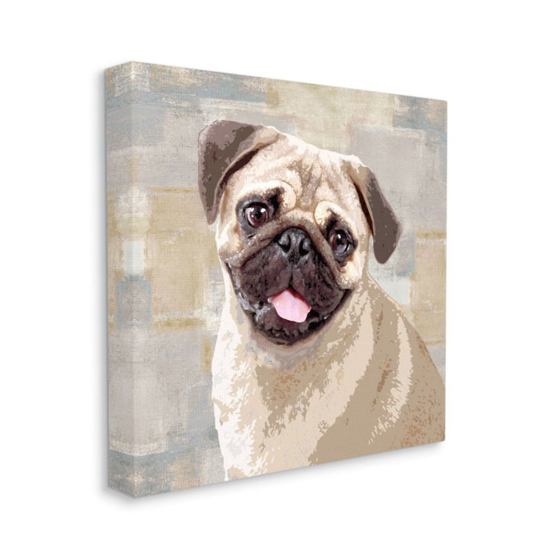 «Happy Pug Dog Beige Gray Patchwork» par Keri Rodgers - impression d'art graphique, Wrapped Canvas