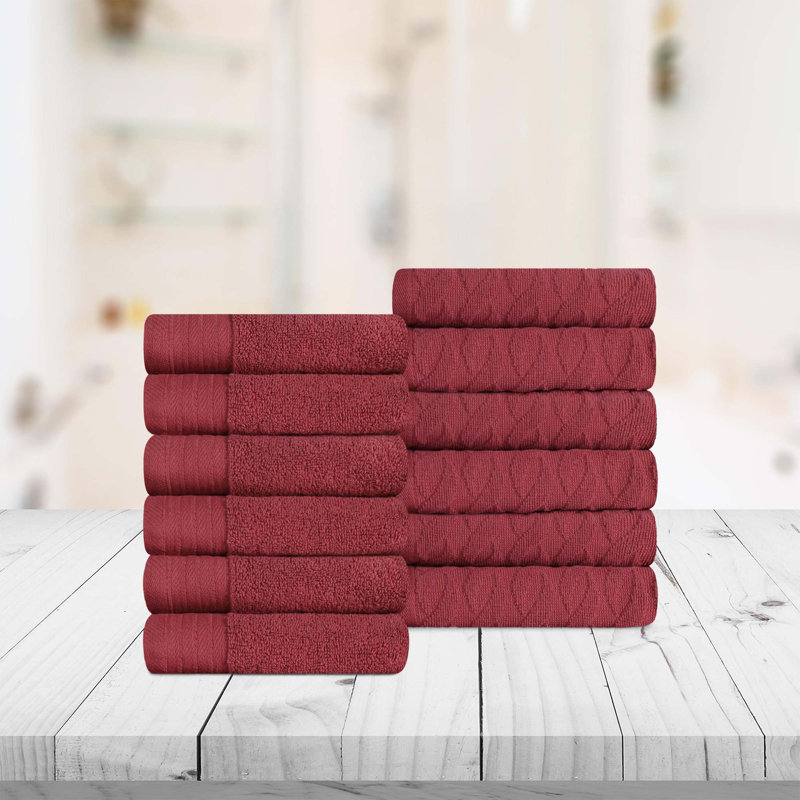 Dayeli Turkish Cotton  Jacquard and Solid Medium Weight Washcloth Towel Set (Set of 12), Maroon