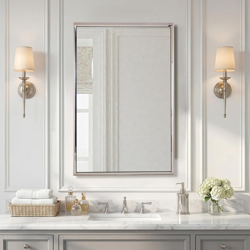 Modern Rectangular Bathroom Vanity Mirror with Beveled Edges | Stainless Steel Frame, 36" x 24", Polished Chrome