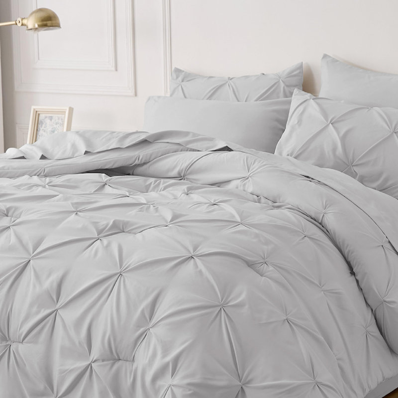 Bedsure Queen Burgundy Pintuck Bed-in-a-Bag - Light Gray Pinch Pleat Comforter Set with Sheets, Pillowcases & Shams (Set of 7)