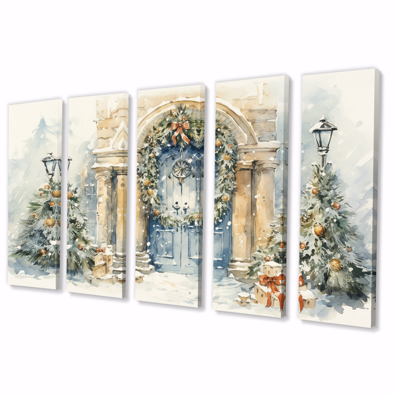«Christmas Garland Door In Winter III - Winter Landscape», art mural 5 pièces, H 32 po x l 80 po