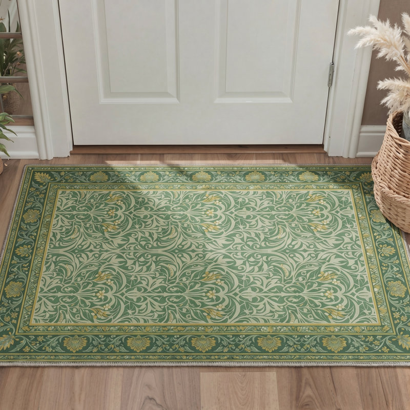 Tapis d'intérieur vert / jaune / beige à motif floral lavable à la machine avec envers antidérapant Allendale Arvella