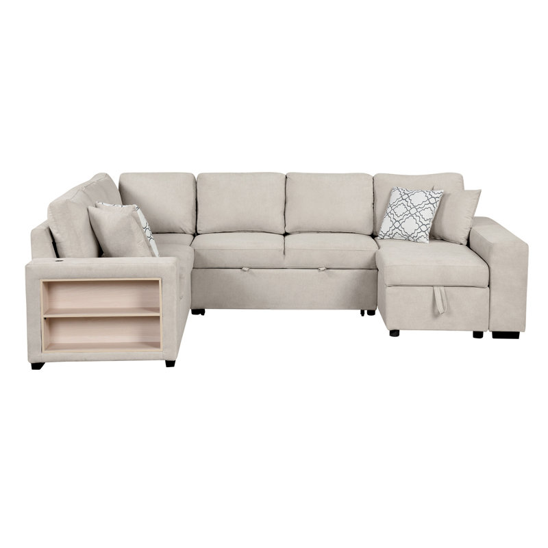 109" U-Shaped Sectional Sofa Pull-Out Sofa Bed With Two USB Ports, Beige Chenille