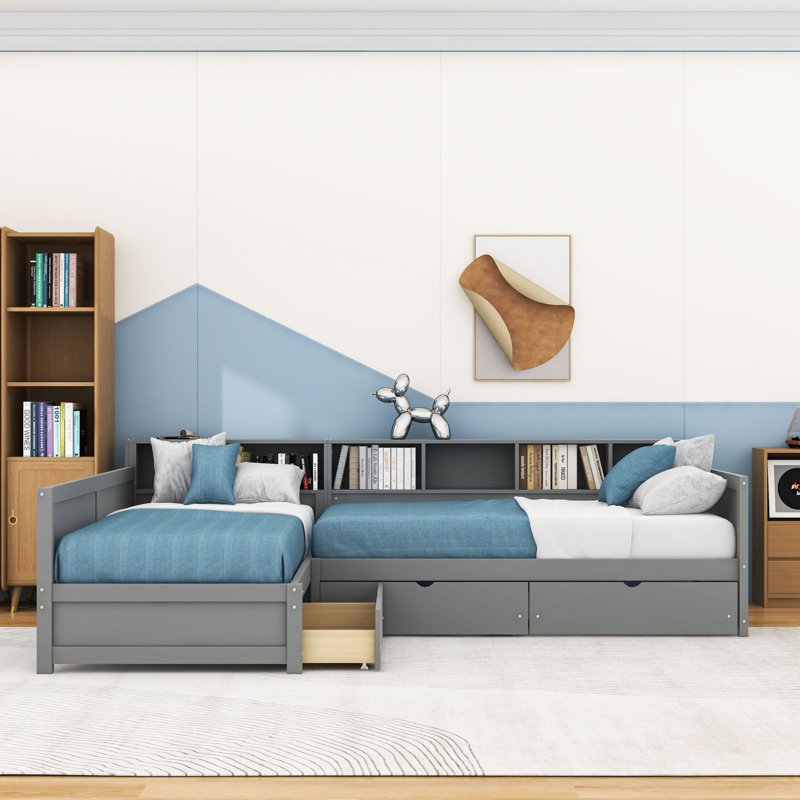 Daybed with 3 Drawers and Bookshelf, Gray
