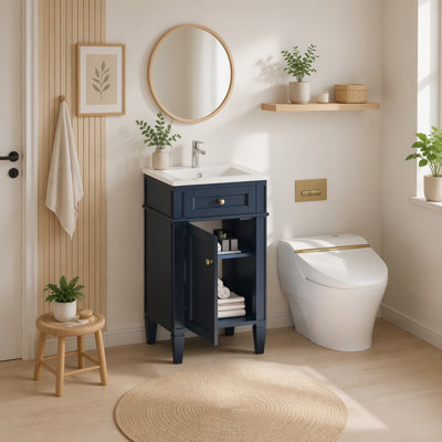 Meuble-lavabo de 45,7 cm (18 po) avec lavabo en céramique intégrée, meuble autoportant à une porte et étagère réglable, structure en bois massif et MDF, style français, bleu
