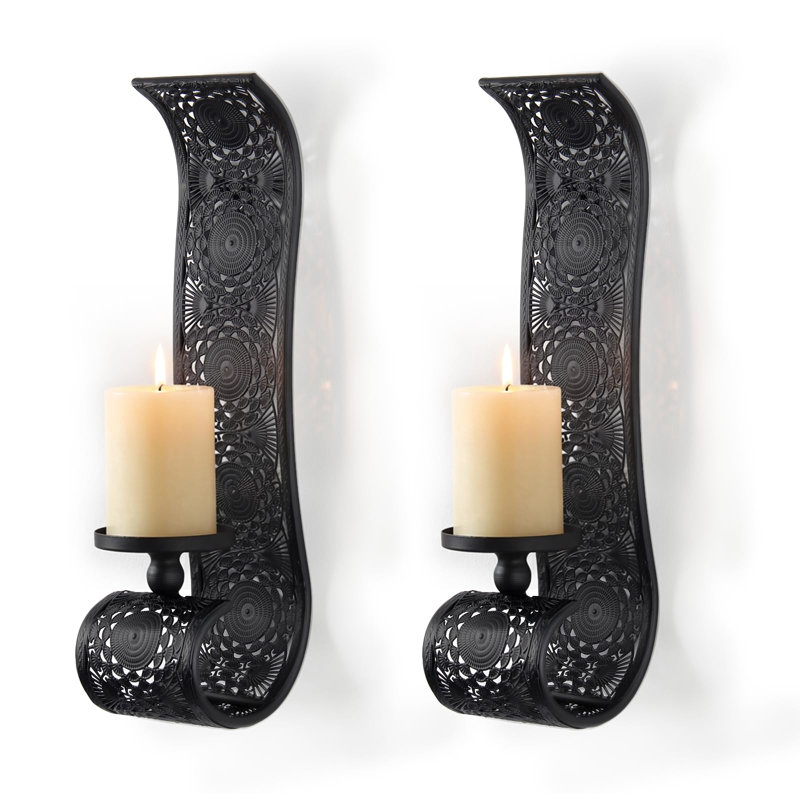 Ensemble de 2 appliques murales, bougie murale, sculpture baroque espagnole creuse, noir, Noir