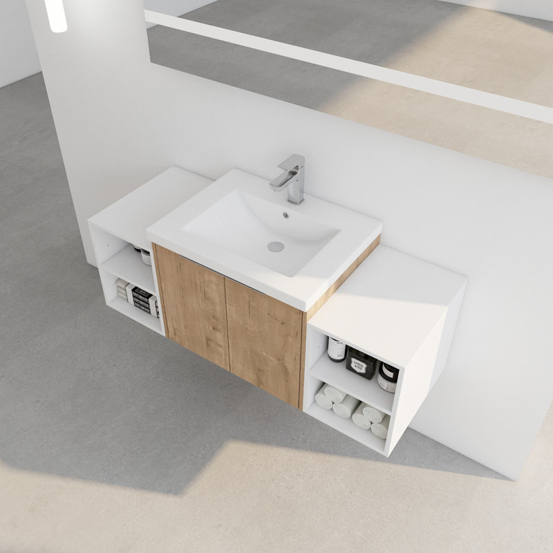 Meuble-lavabo à fermeture en douceur avec lavabo, Imitation chêne