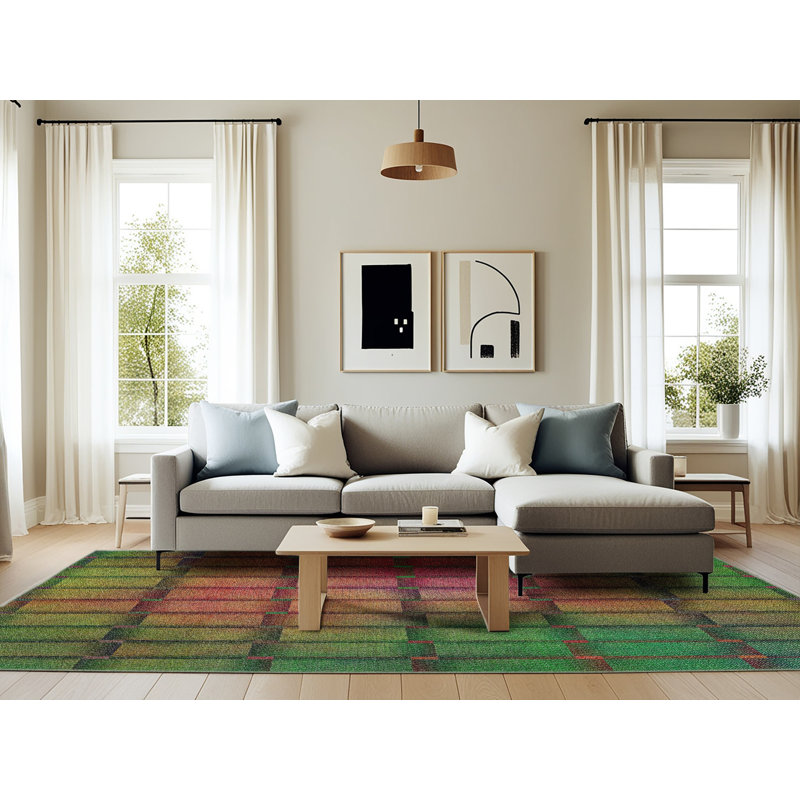 Tapis vert/rose à motifs, Rectangle 6 pi x 9 pi