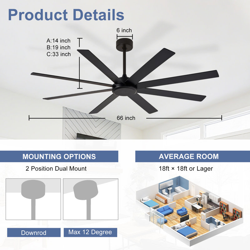 Grands ventilateurs de plafond de 66 po avec télécommande APP, ventilateur de plafond intérieur noir pour patio, 8 pales à intensité variable réversible, moteur à courant continu silencieux 6 vitesses