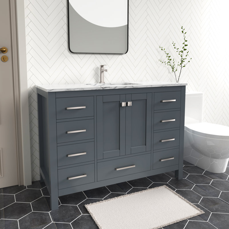 Ensemble de meuble-lavabo autoportant gris anthracite avec plateau en marbre de Carrare 48 po Anvay, Gris anthracite