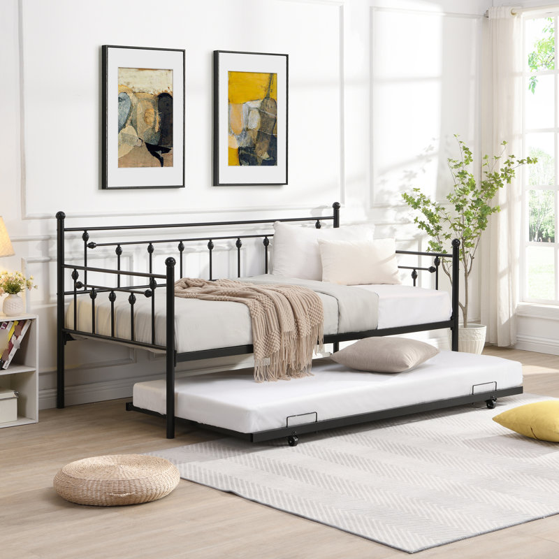Daybed With Trundle In Black - Save Space Modern Design, Strong Metal Structure For Durability, Quiet And Stable, Easy Assembly Included, No Box Spring Required, Supports 250/350 Lbs Color Elegance,