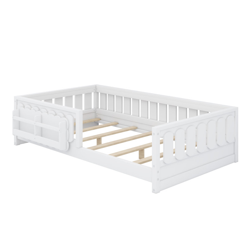 Platform Bed with Integrated Guardrail and Open Storage Shelves, White