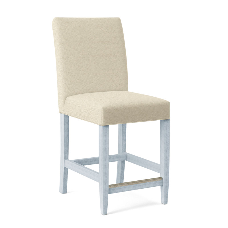 Manhattan Upholstered Stool with Solid Wood Frame, Ivory Crypton Performance; 0886-91, Sea Glass Finish