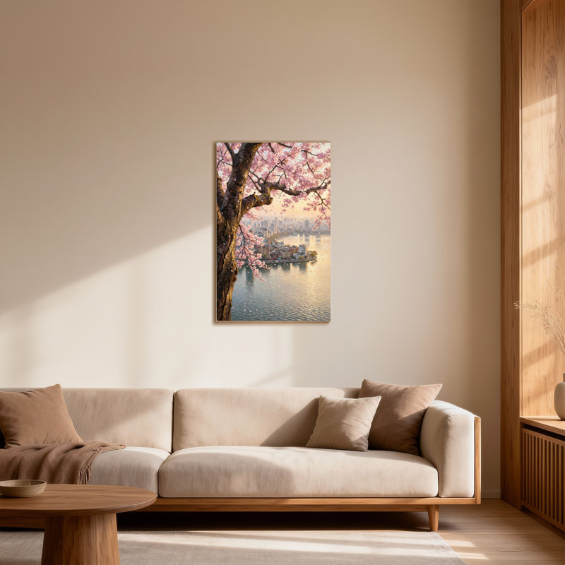 Plantes et fleurs, cerisier en fleurs, paysage urbain, réflexion de l'eau, H 18 po x l 12 po