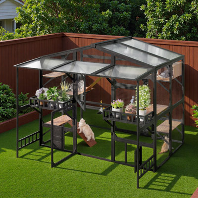Large Outdoor Catio With 6 Jumping Platforms, 2 Climbing Ramps, Fun Suspension Bridge, Sleeping House, Scratching Post, Hanging Plush Ball Toy, Weatherproof Roof And Storage Shelves