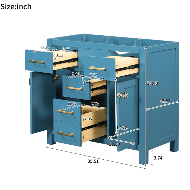 Meuble-lavabo bleu 36 po en bois massif, 4 tiroirs, 2 armoires, commode moderne