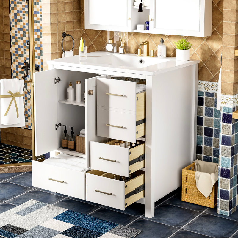 Meuble-lavabo 30 po avec lavabo en céramique et 4 tiroirs en bois massif
