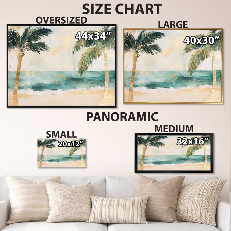 Tropical Beach Canvas, Palm Leaf Wall Art, Cellon, H 24 po x l 32 po, Natural Floater Framed
