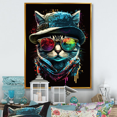 Art mural sur toile Cool Cat avec lunettes de soleil et chapeau I