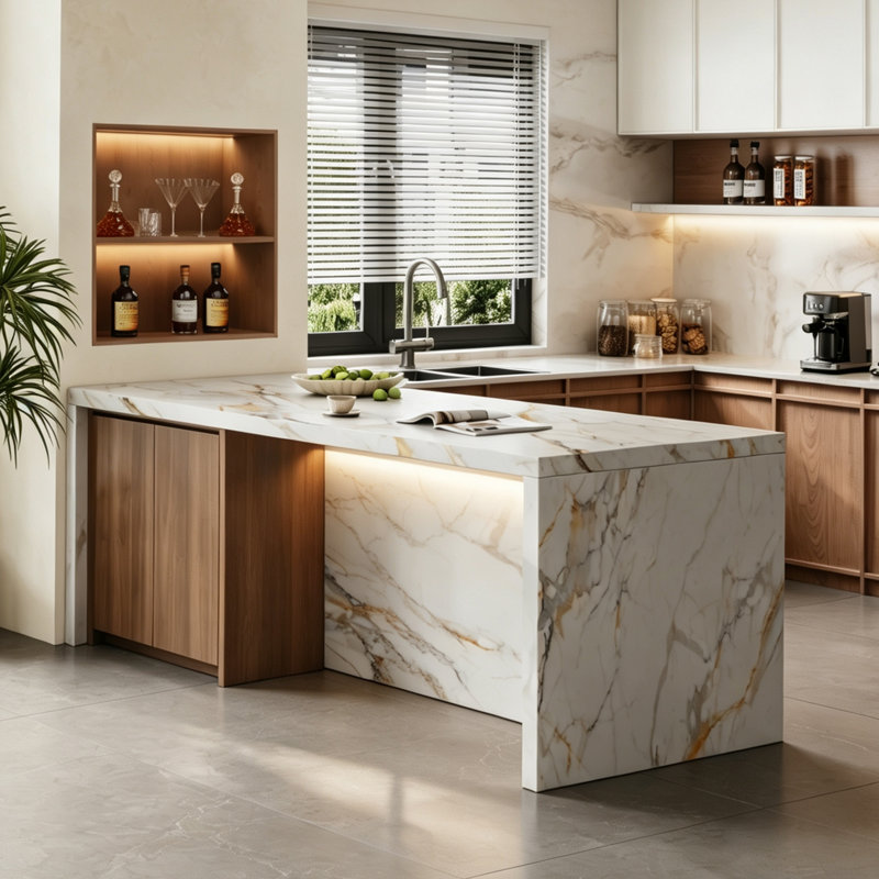 Îlot de cuisine en marbre avec armoire de rangement et lumière DEL, aucun assemblage requis, Blanc