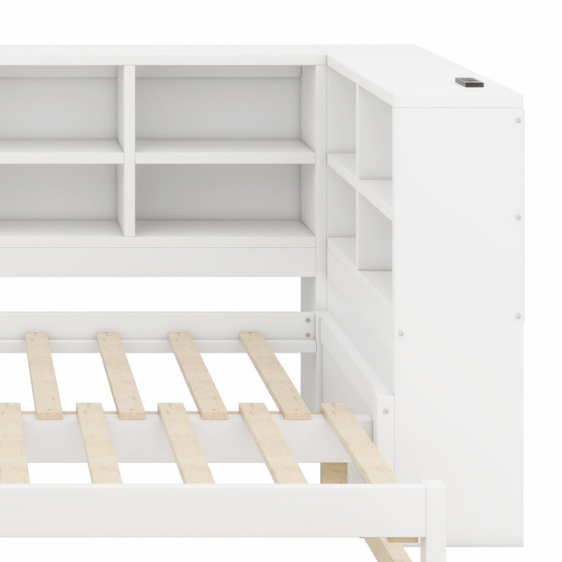 Lit de jour confort avec ports USB intégrés, lumière DEL, tiroirs de rangement et tablettes ouvertes, Blanc