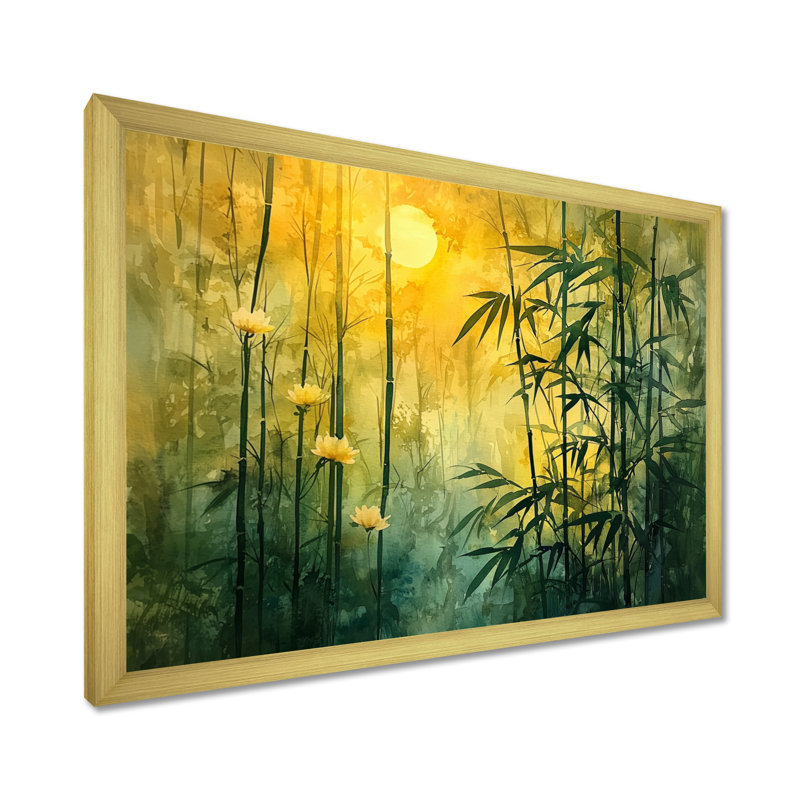Lueur dorée de forêt de bambou II - décoration murale en bambou, H 30 po x l 40 po, Cadre simple, Doré