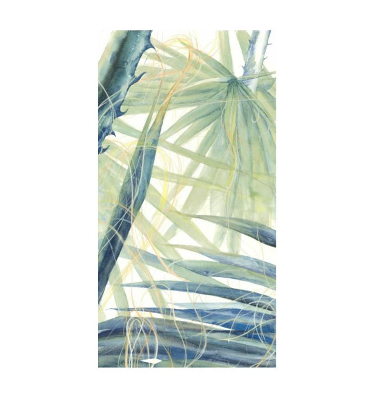 «Botanical Moment II» par Janice Sadler - peinture sur toile tendue, Couche de verre, 38" H x 20" W
